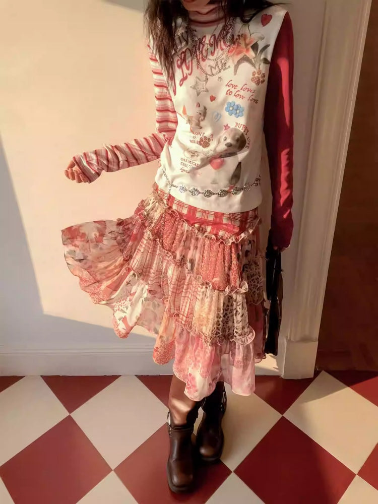 "Puppy Toy Shop" High-Neck Print Design Spliced Long Sleeved T-Shirt【s0000013842】