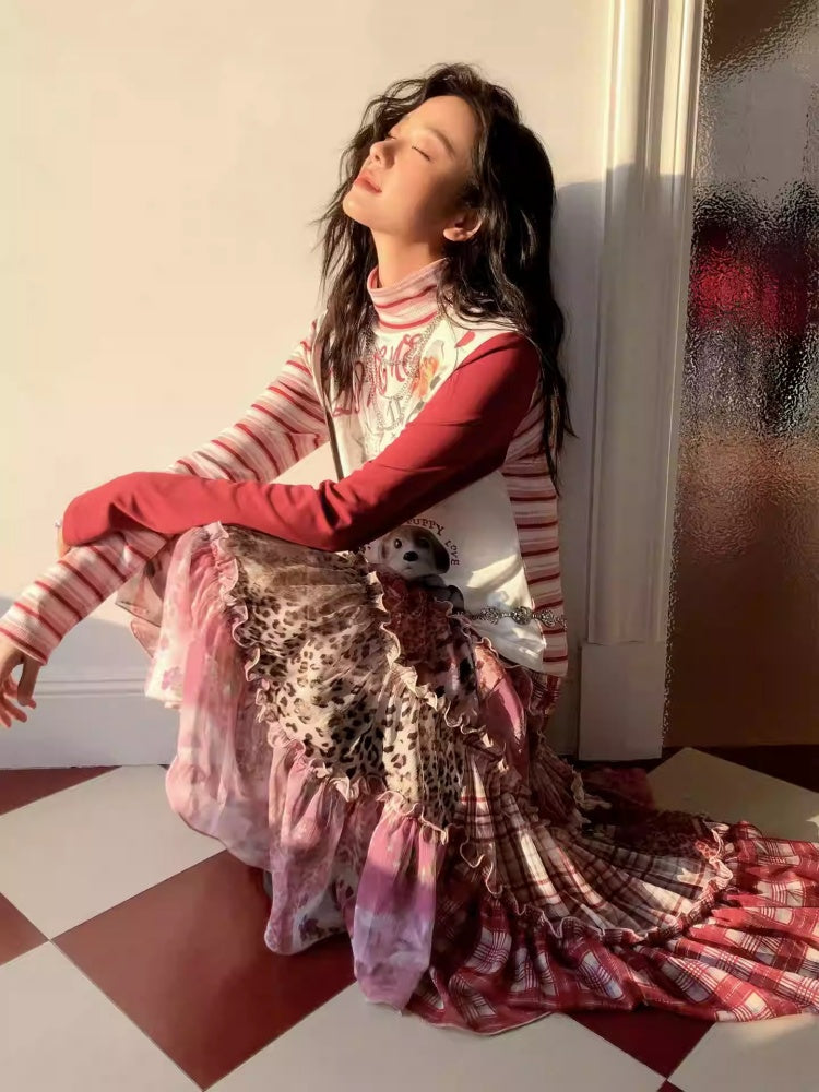 "Puppy Toy Shop" High-Neck Print Design Spliced Long Sleeved T-Shirt【s0000013842】