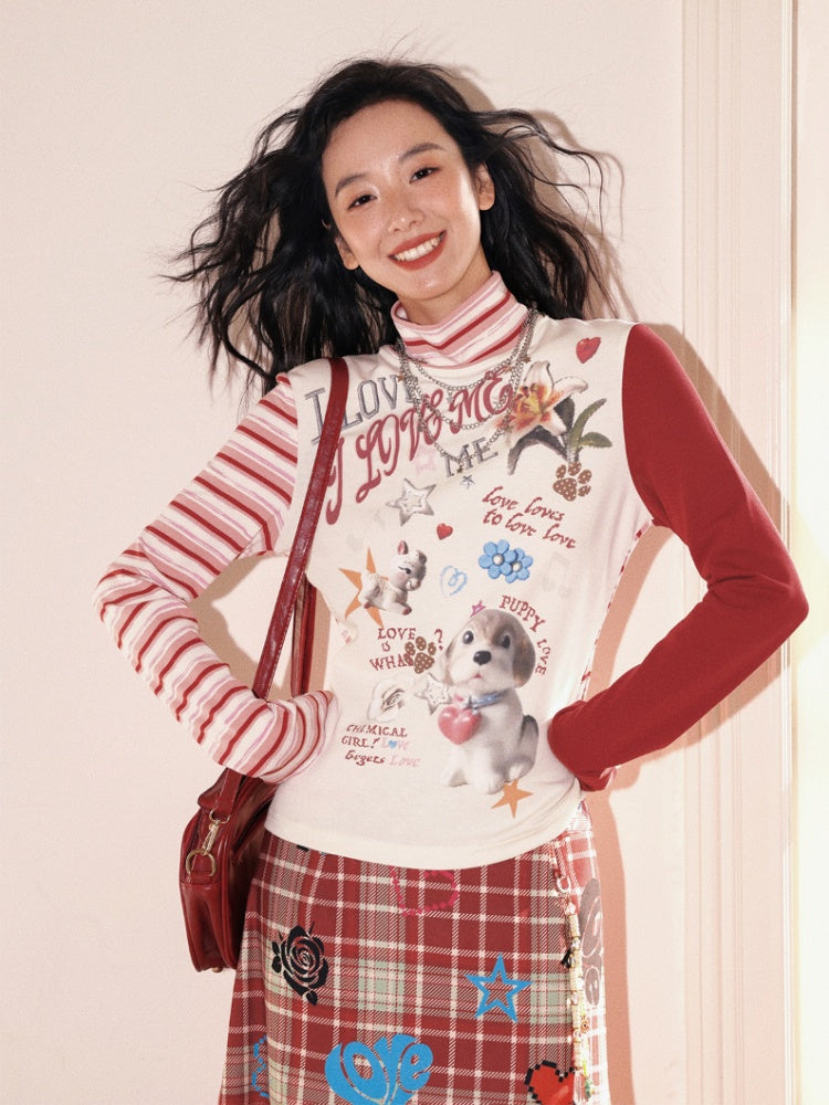 "Puppy Toy Shop" High-Neck Print Design Spliced Long Sleeved T-Shirt【s0000013842】
