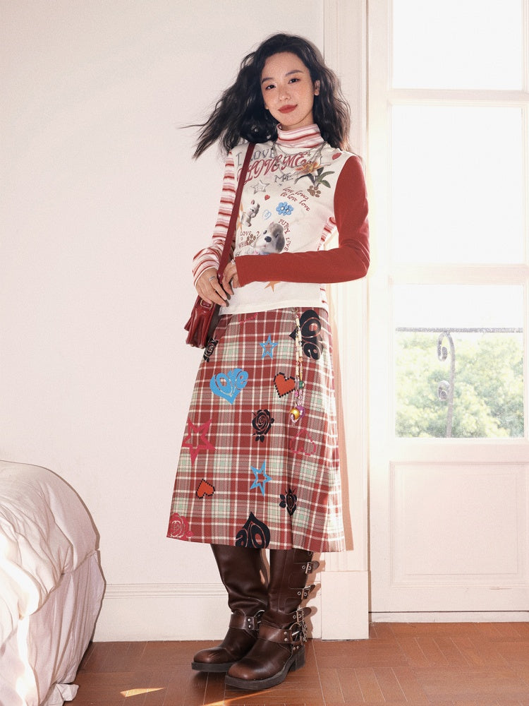 "Puppy Toy Shop" High-Neck Print Design Spliced Long Sleeved T-Shirt【s0000013842】