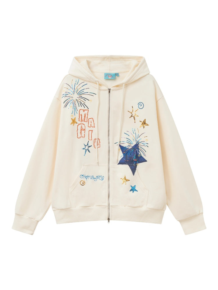 "Daytime Magic" Embroidered Bead Piece Design Zip Hoodie Jacket【s0000013843】