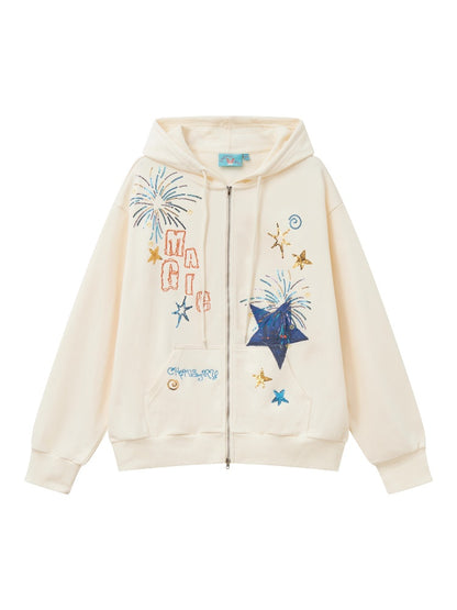 "Daytime Magic" Embroidered Bead Piece Design Zip Hoodie Jacket【s0000013843】