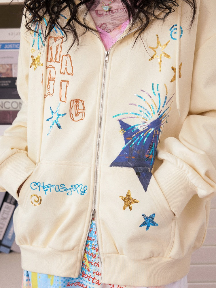 "Daytime Magic" Embroidered Bead Piece Design Zip Hoodie Jacket【s0000013843】