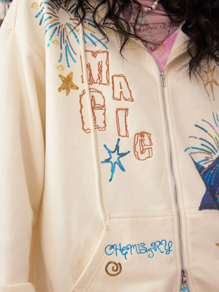 "Daytime Magic" Embroidered Bead Piece Design Zip Hoodie Jacket【s0000013843】
