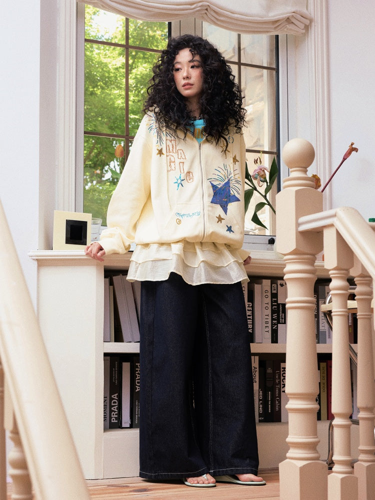 "Daytime Magic" Embroidered Bead Piece Design Zip Hoodie Jacket【s0000013843】