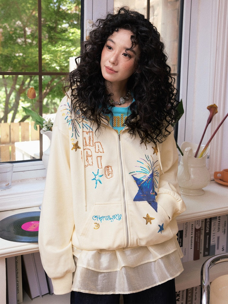 "Daytime Magic" Embroidered Bead Piece Design Zip Hoodie Jacket【s0000013843】