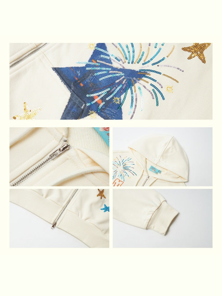 "Daytime Magic" Embroidered Bead Piece Design Zip Hoodie Jacket【s0000013843】
