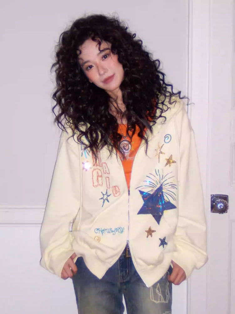 "Daytime Magic" Embroidered Bead Piece Design Zip Hoodie Jacket【s0000013843】