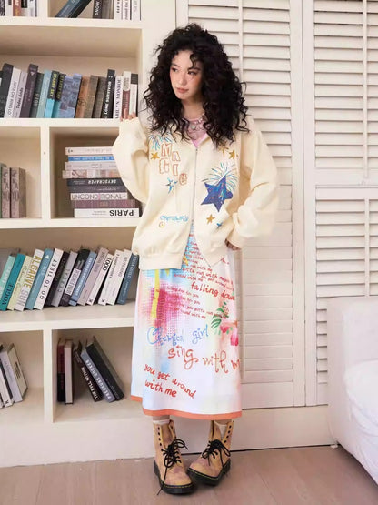 "Daytime Magic" Embroidered Bead Piece Design Zip Hoodie Jacket【s0000013843】