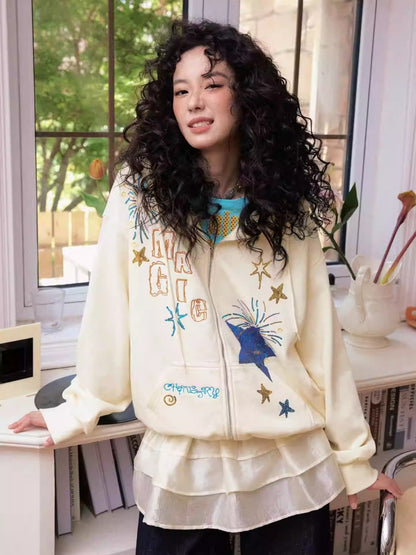 "Daytime Magic" Embroidered Bead Piece Design Zip Hoodie Jacket【s0000013843】