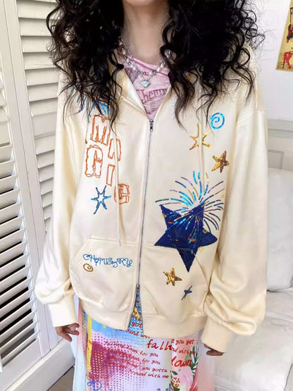 "Daytime Magic" Embroidered Bead Piece Design Zip Hoodie Jacket【s0000013843】