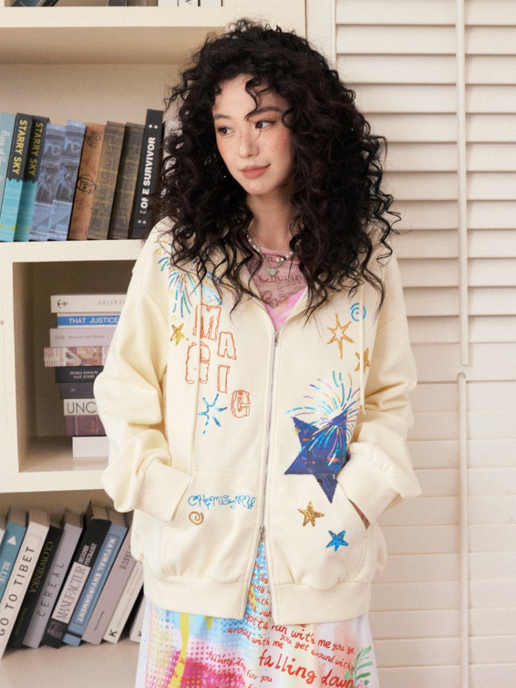 "Daytime Magic" Embroidered Bead Piece Design Zip Hoodie Jacket【s0000013843】