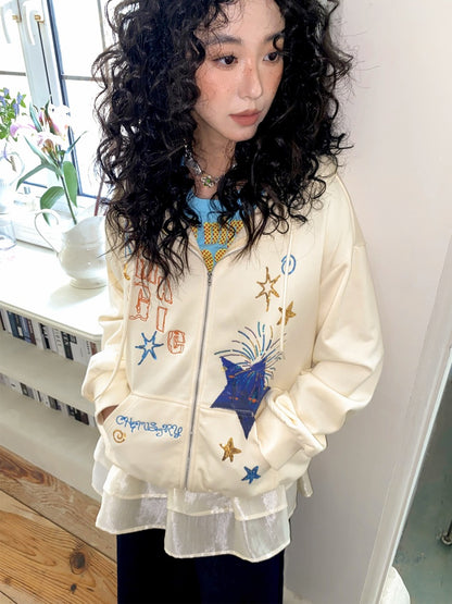 "Daytime Magic" Embroidered Bead Piece Design Zip Hoodie Jacket【s0000013843】