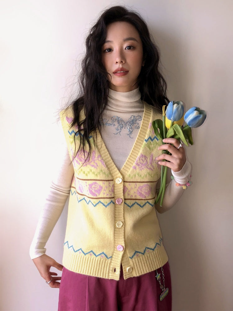 "Flower Soft Love Language" Fair Island Love Knitted Vest【s0000013845】