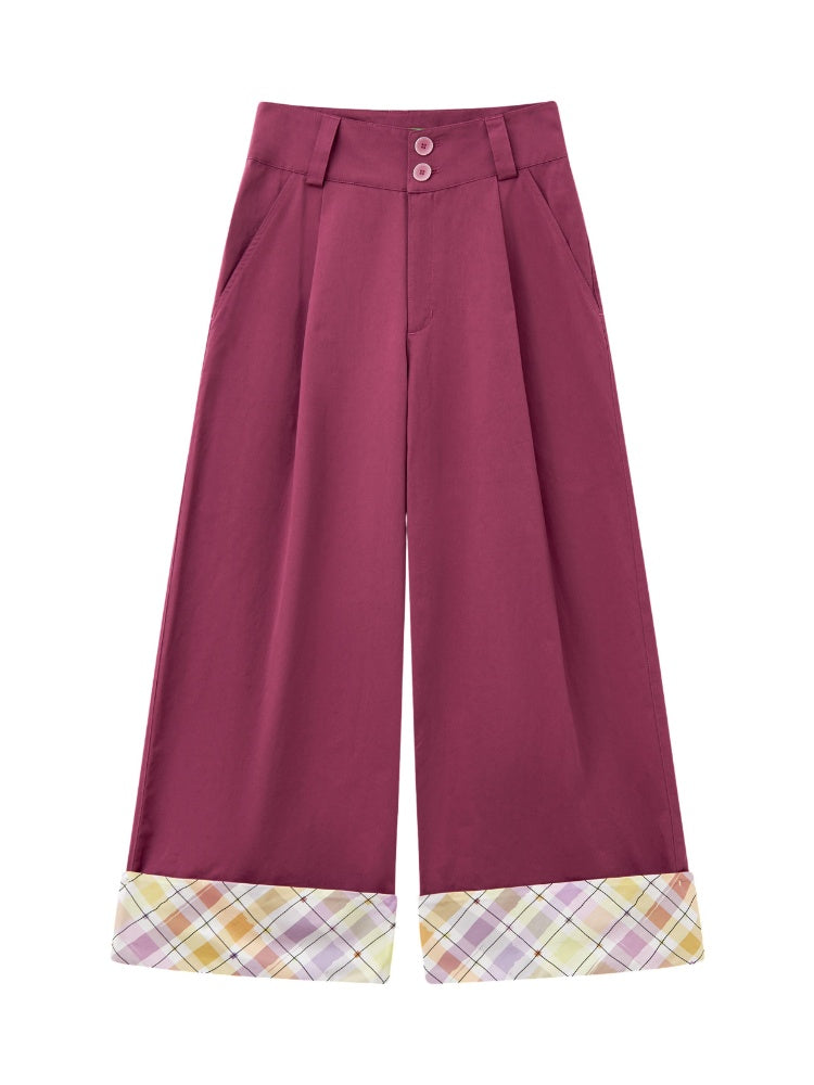 "Raspberry Candy" Retro Plaid Cuffed Wide-Leg Casual Trousers【s0000013846】