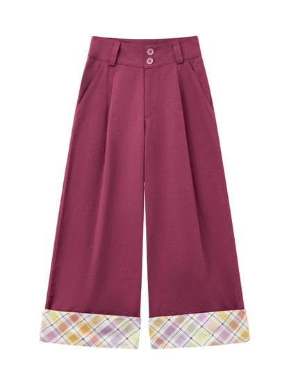 "Raspberry Candy" Retro Plaid Cuffed Wide-Leg Casual Trousers【s0000013846】