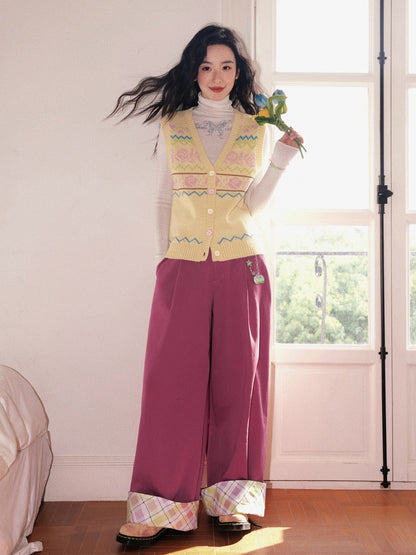 "Raspberry Candy" Retro Plaid Cuffed Wide-Leg Casual Trousers【s0000013846】