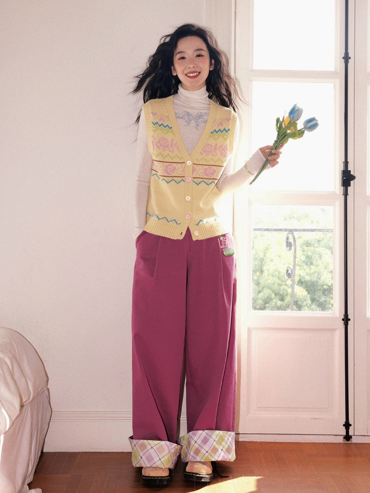 "Raspberry Candy" Retro Plaid Cuffed Wide-Leg Casual Trousers【s0000013846】