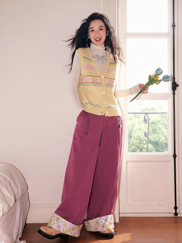 "Raspberry Candy" Retro Plaid Cuffed Wide-Leg Casual Trousers【s0000013846】