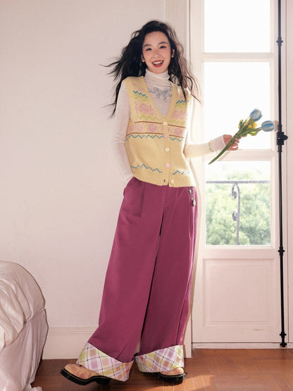 "Raspberry Candy" Retro Plaid Cuffed Wide-Leg Casual Trousers【s0000013846】