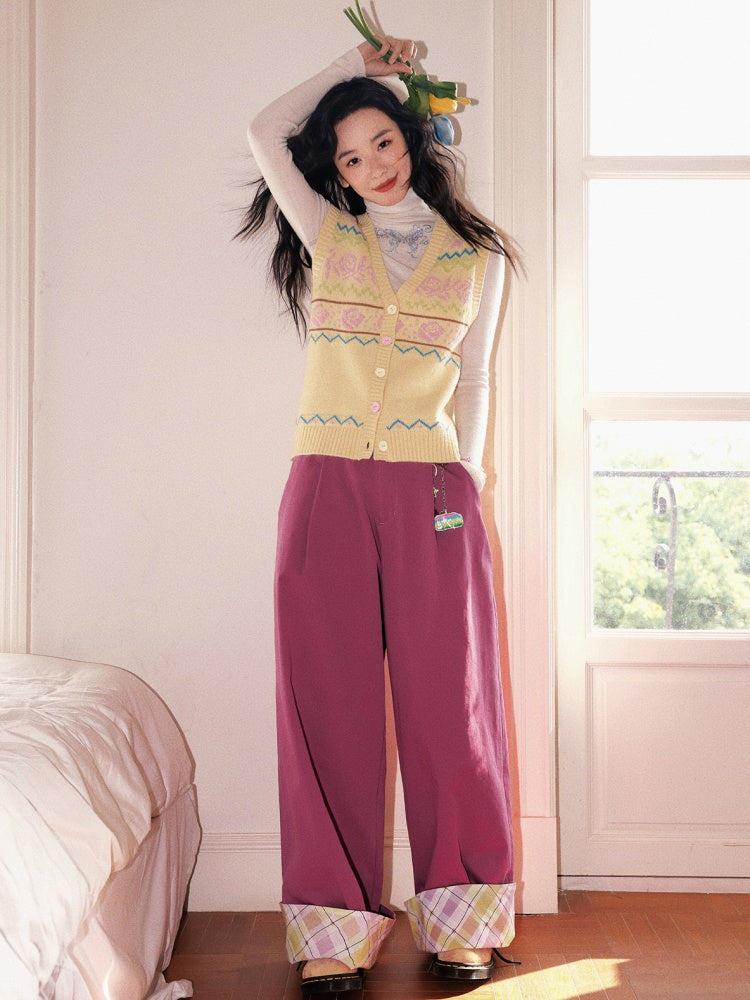 "Raspberry Candy" Retro Plaid Cuffed Wide-Leg Casual Trousers【s0000013846】