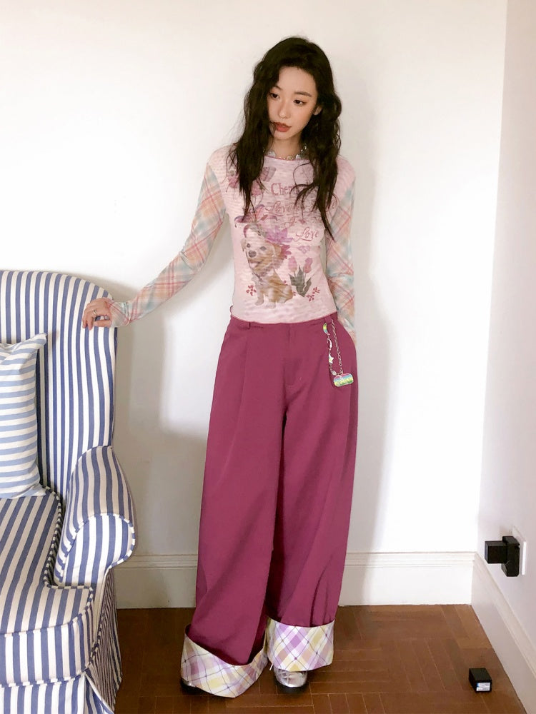 "Raspberry Candy" Retro Plaid Cuffed Wide-Leg Casual Trousers【s0000013846】