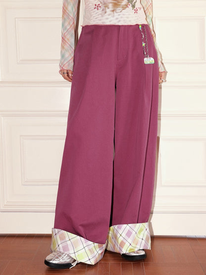 "Raspberry Candy" Retro Plaid Cuffed Wide-Leg Casual Trousers【s0000013846】