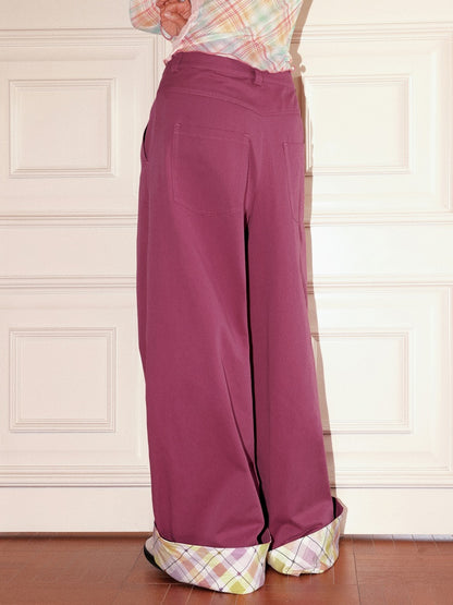 "Raspberry Candy" Retro Plaid Cuffed Wide-Leg Casual Trousers【s0000013846】