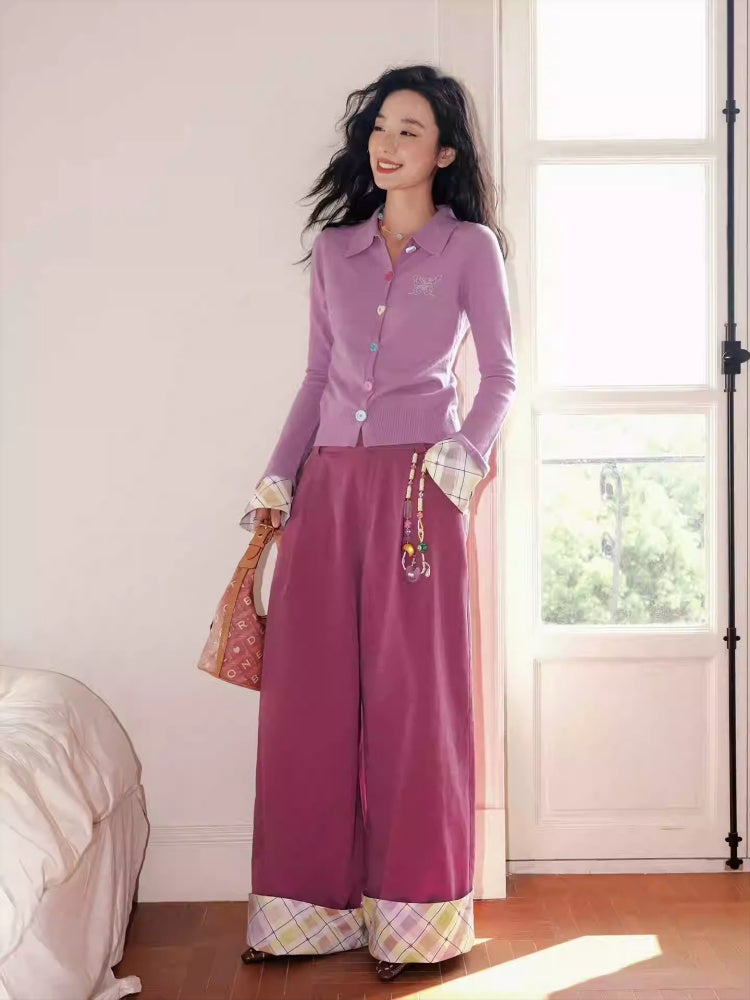 "Raspberry Candy" Retro Plaid Cuffed Wide-Leg Casual Trousers【s0000013846】