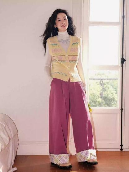 "Raspberry Candy" Retro Plaid Cuffed Wide-Leg Casual Trousers【s0000013846】