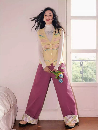 "Raspberry Candy" Retro Plaid Cuffed Wide-Leg Casual Trousers【s0000013846】