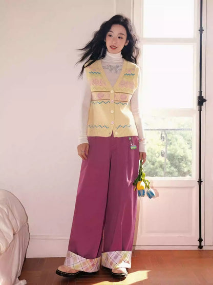 "Raspberry Candy" Retro Plaid Cuffed Wide-Leg Casual Trousers【s0000013846】