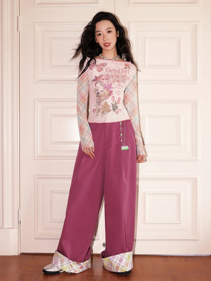 "Raspberry Candy" Retro Plaid Cuffed Wide-Leg Casual Trousers【s0000013846】