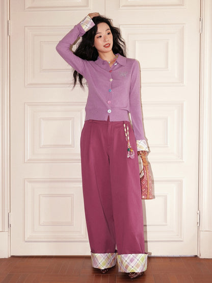 "Raspberry Candy" Retro Plaid Cuffed Wide-Leg Casual Trousers【s0000013846】