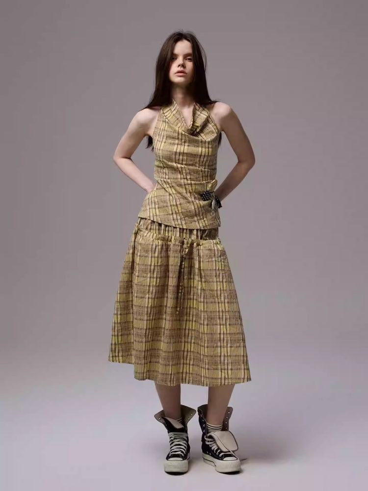 Plaid Backless Swing Collar Halter Neck Vest & Drawstring Midi Skirt Set【s0000013848】