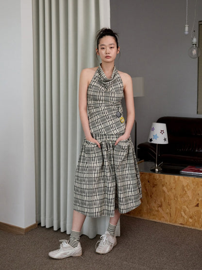 Plaid Backless Swing Collar Halter Neck Vest & Drawstring Midi Skirt Set【s0000013848】