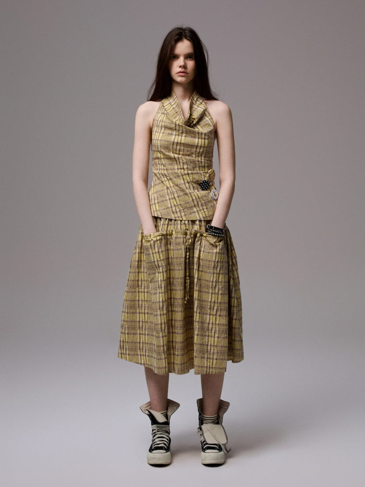 Plaid Backless Swing Collar Halter Neck Vest & Drawstring Midi Skirt Set【s0000013848】