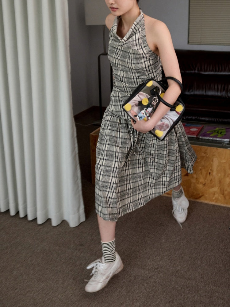 Plaid Backless Swing Collar Halter Neck Vest & Drawstring Midi Skirt Set【s0000013848】