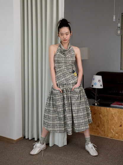 Plaid Backless Swing Collar Halter Neck Vest & Drawstring Midi Skirt Set【s0000013848】