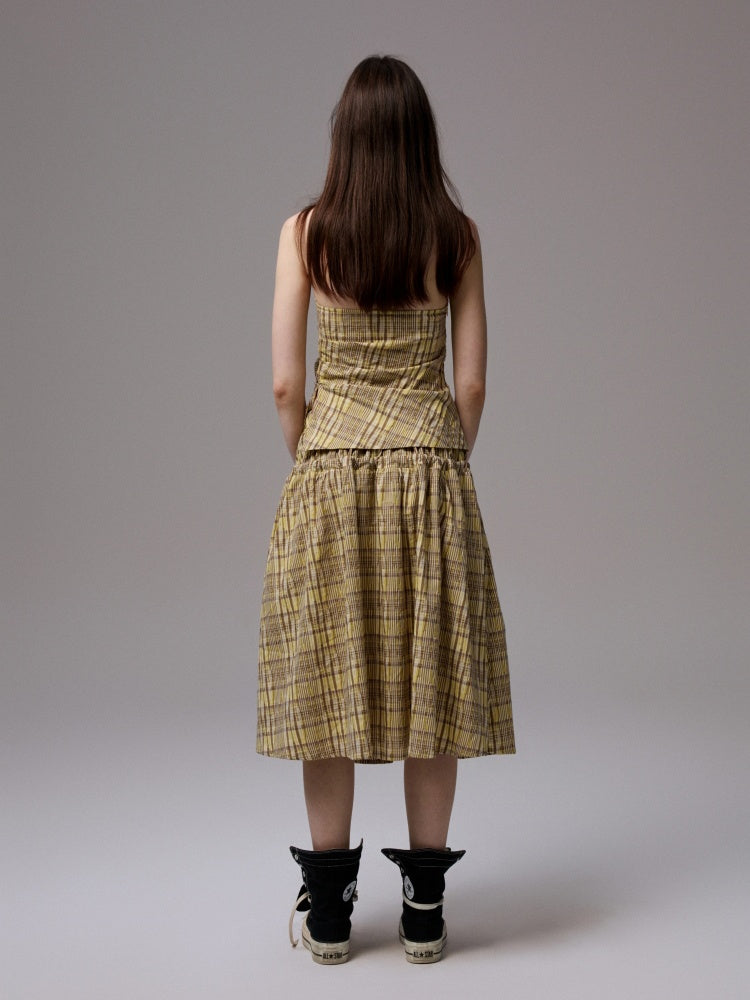 Plaid Backless Swing Collar Halter Neck Vest & Drawstring Midi Skirt Set【s0000013848】