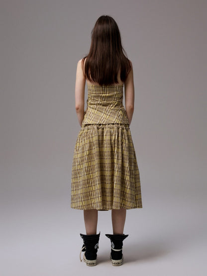 Plaid Backless Swing Collar Halter Neck Vest & Drawstring Midi Skirt Set【s0000013848】