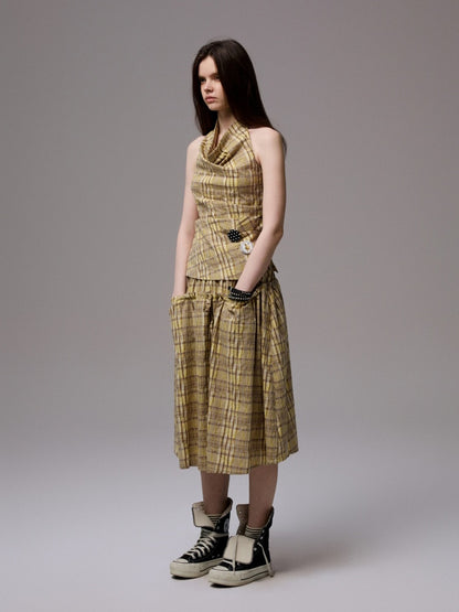 Plaid Backless Swing Collar Halter Neck Vest & Drawstring Midi Skirt Set【s0000013848】