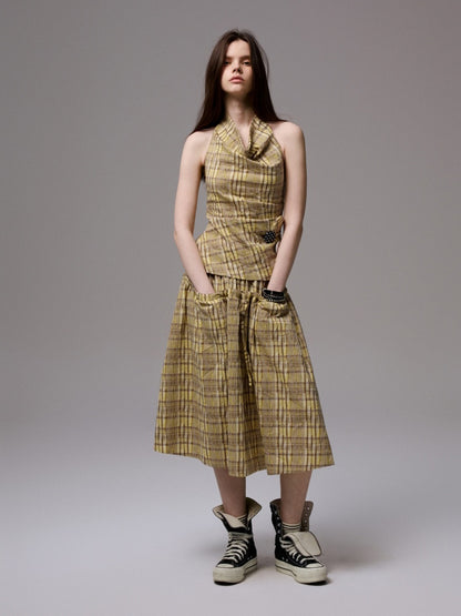 Plaid Backless Swing Collar Halter Neck Vest & Drawstring Midi Skirt Set【s0000013848】