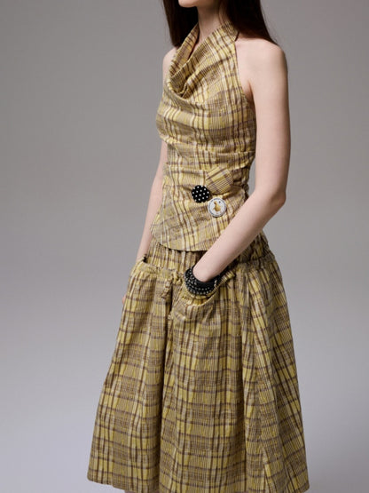 Plaid Backless Swing Collar Halter Neck Vest & Drawstring Midi Skirt Set【s0000013848】