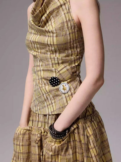 Plaid Backless Swing Collar Halter Neck Vest & Drawstring Midi Skirt Set【s0000013848】
