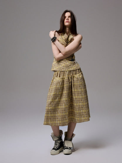 Plaid Backless Swing Collar Halter Neck Vest & Drawstring Midi Skirt Set【s0000013848】