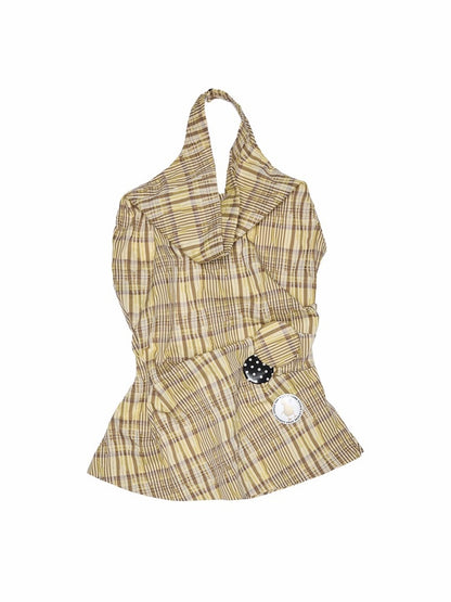 Plaid Backless Swing Collar Halter Neck Vest & Drawstring Midi Skirt Set【s0000013848】