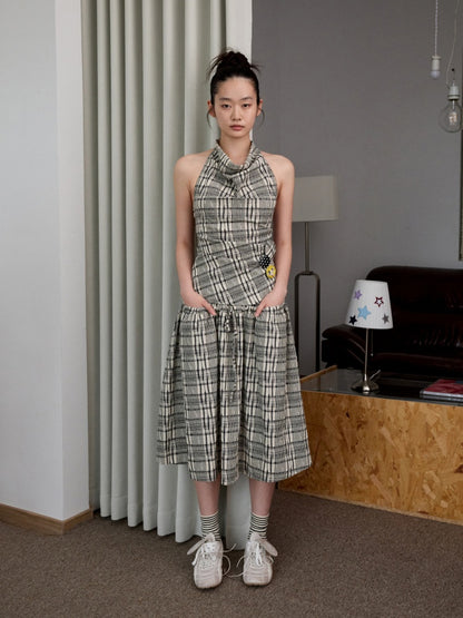 Plaid Backless Swing Collar Halter Neck Vest & Drawstring Midi Skirt Set【s0000013848】