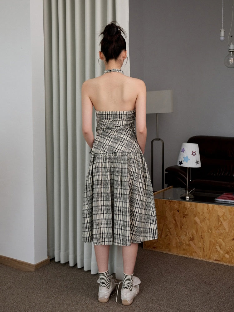 Plaid Backless Swing Collar Halter Neck Vest & Drawstring Midi Skirt Set【s0000013848】