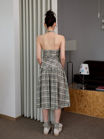 Plaid Backless Swing Collar Halter Neck Vest & Drawstring Midi Skirt Set【s0000013848】